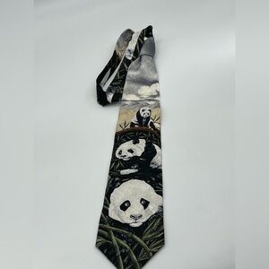 Panda Print Silk Tie - Black, Gray, Cream